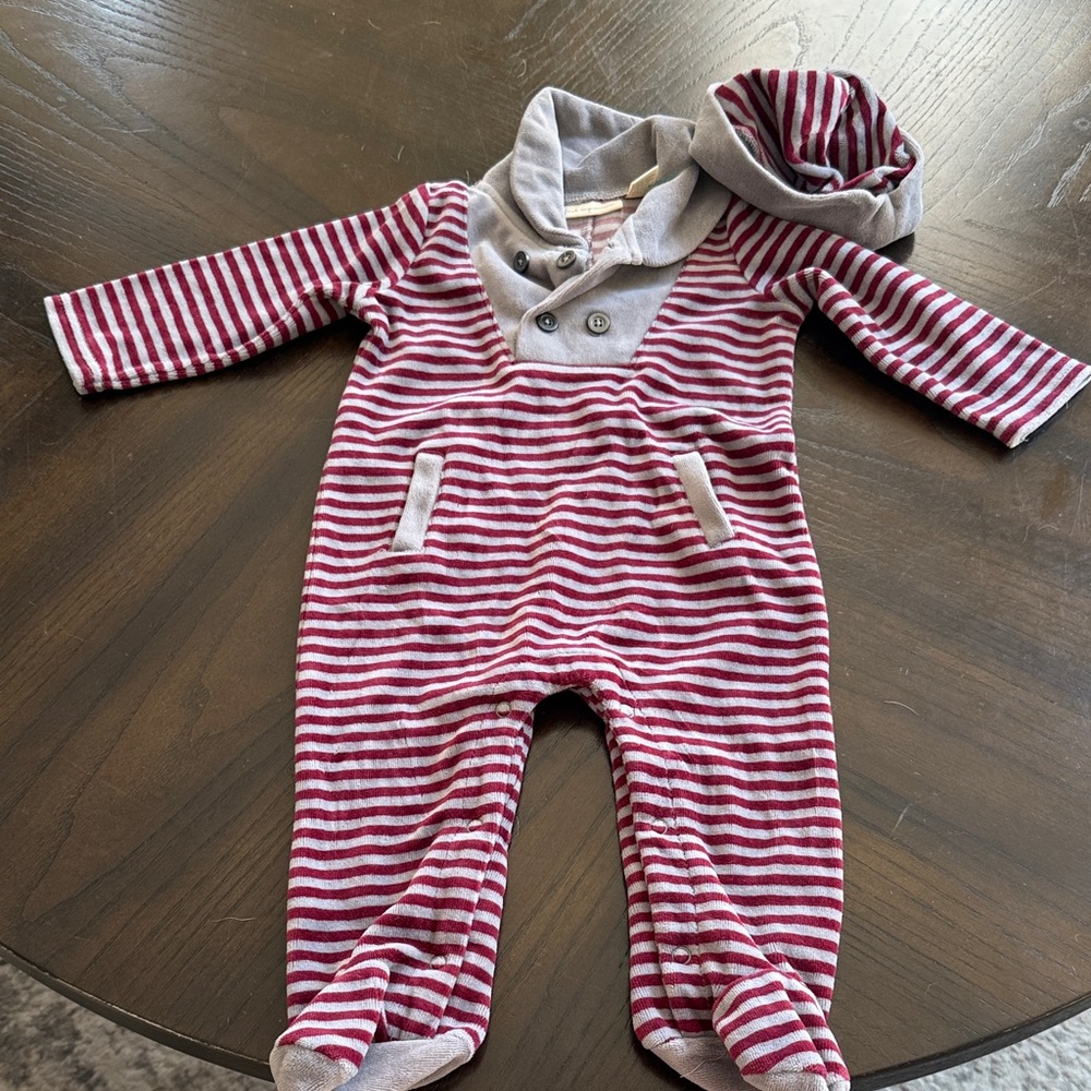 First Impressions Burgundy and Gray Striped Footie